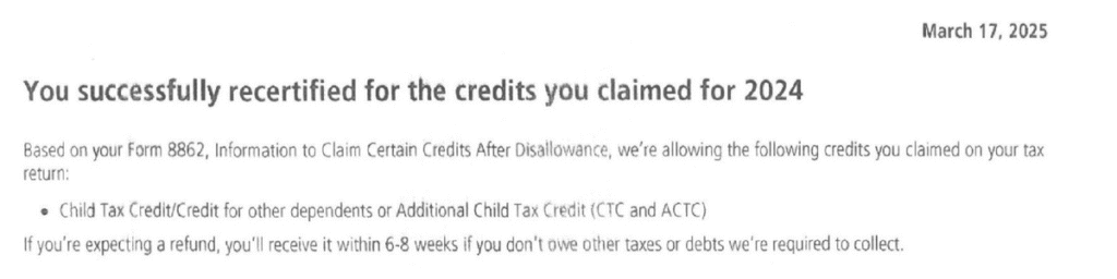CP74 Notice You Successfully Recertified for the Credits You Claimed