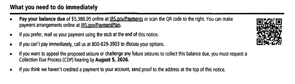 What you need to do immediately section of IRS Notice CP77 listing payment options and the August 5, 2026 CDP hearing deadline