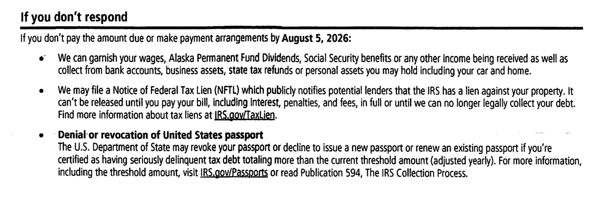 If you don't respond section of IRS Notice CP77 warning of wage garnishment, a Notice of Federal Tax Lien, and passport denial or revocation