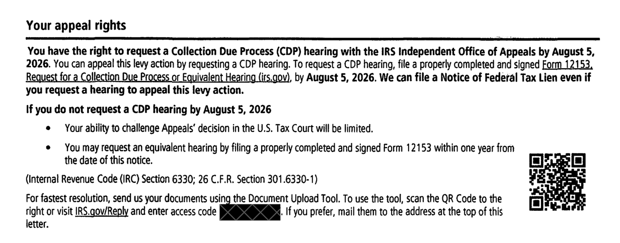 Your appeal rights section of IRS Notice CP77 explaining how to request a Collection Due Process hearing with Form 12153 by August 5, 2026