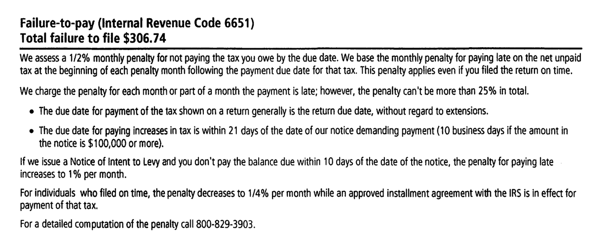 Failure-to-pay penalty section of IRS Notice CP77 explaining the monthly penalty under Internal Revenue Code Section 6651