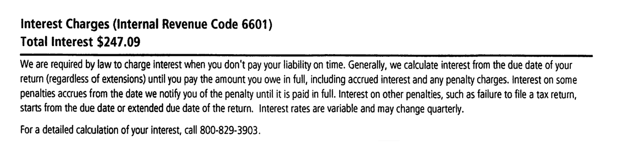 Interest charges section of IRS Notice CP77 explaining interest charged under Internal Revenue Code Section 6601