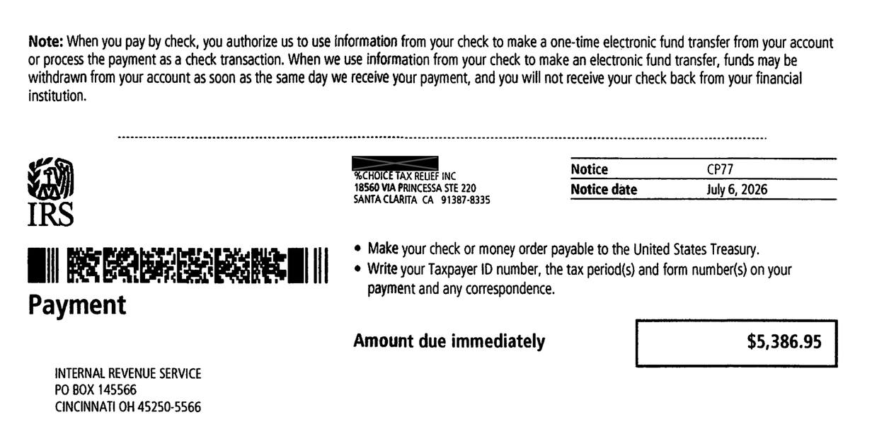 Payment stub from IRS Notice CP77 showing the amount due immediately of $5,386.95 payable to the United States Treasury