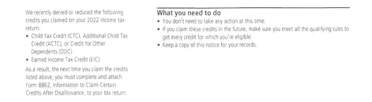 List of denied credits and the What you need to do section on a redacted CP79 notice a Choice Tax Relief client received