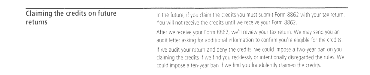 Claiming the credits on future returns section about Form 8862 and the two-year and ten-year bans on a redacted CP79 notice a Choice Tax Relief client received