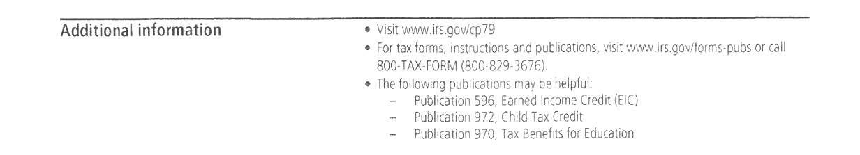 Additional information section listing IRS.gov/cp79 and Publications 596, 972 and 970 on a redacted CP79 notice a Choice Tax Relief client received