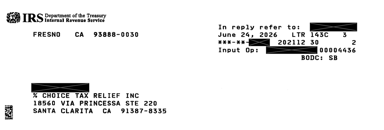 IRS Letter 143C header showing the Fresno service center, letter date, and LTR 143C designation