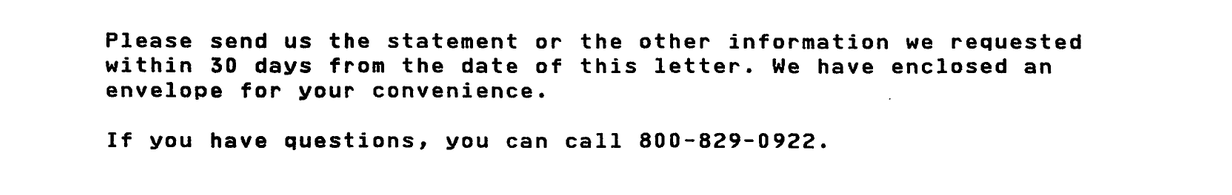 IRS Letter 143C paragraph requesting a response within 30 days and providing the 800-829-0922 phone number
