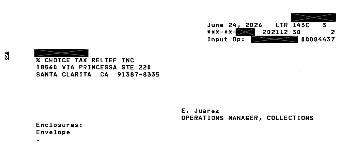 IRS Letter 143C page two showing the E. Juarez Operations Manager Collections signature block and enclosed envelope notation